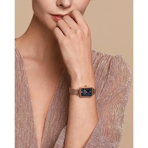 Women Gold Sandstone Watch with Rose Gold Tone Milanese Steel Band